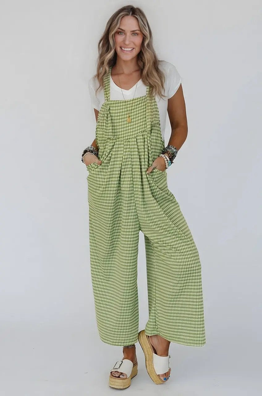 Green Gingham Wide Leg Overalls With Pockets For Women Dear-Lover Dropshipping